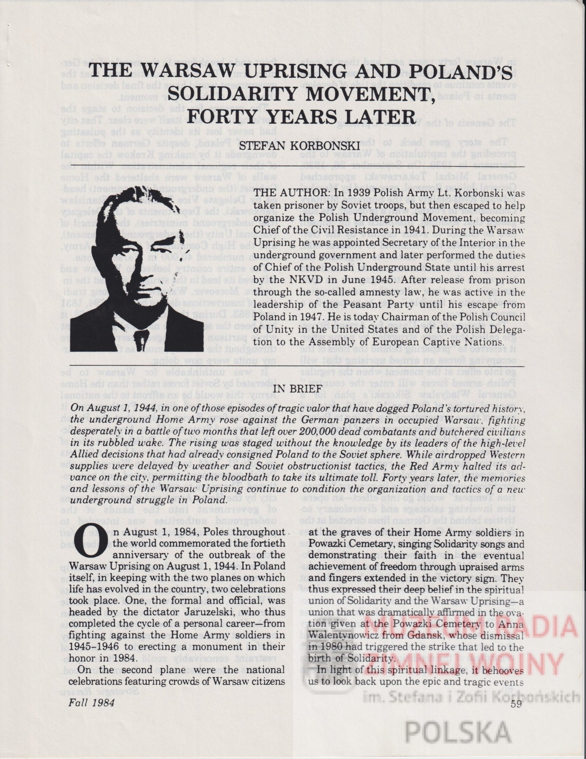 Stefan Korboński o Powstaniu Warszawskim w Strategic Review, jesień 1984 r.-image