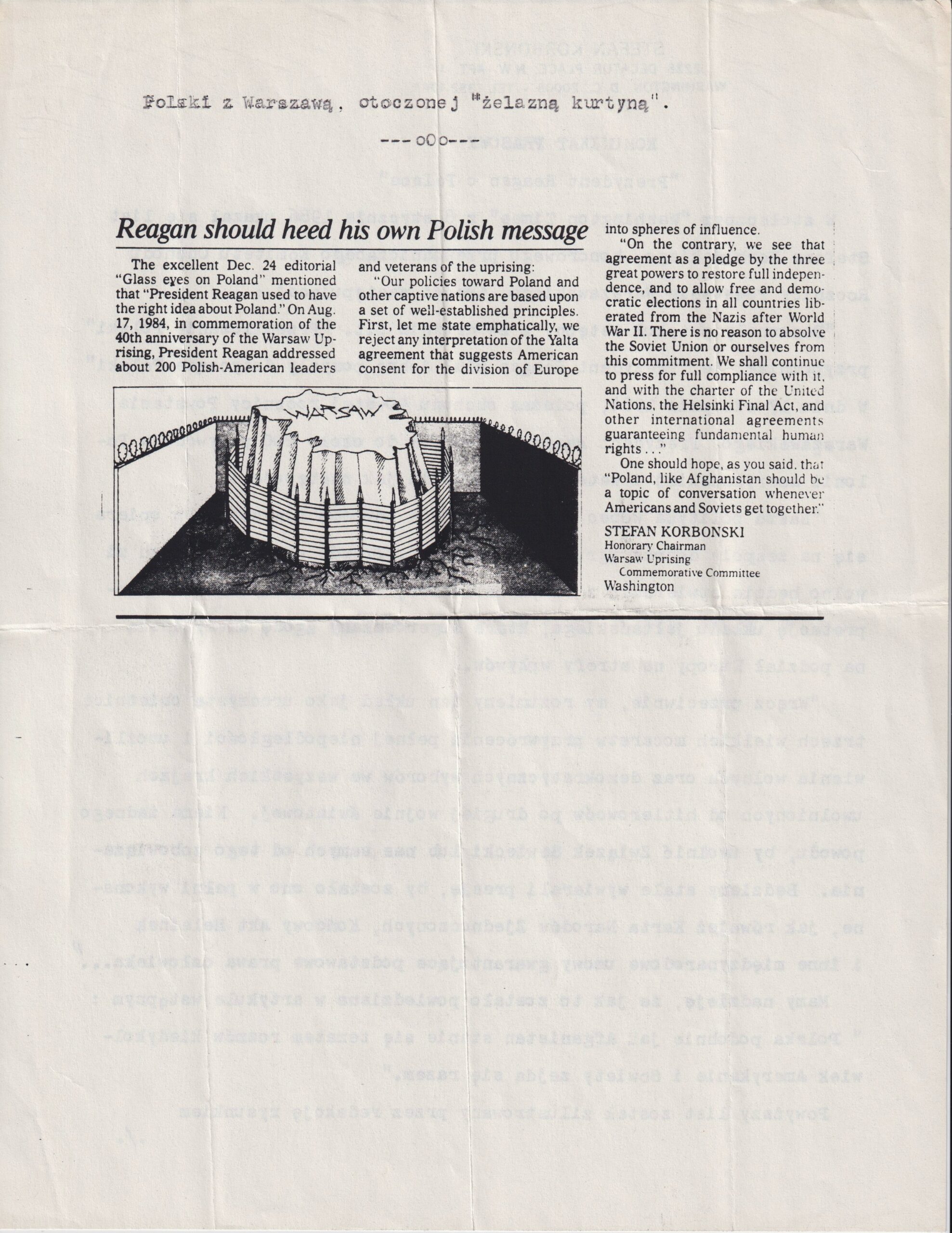 Stefan Korboński w dzienniku Washington Times o stanowisku Reagana w sprawie Jałty, 1986 r.-image