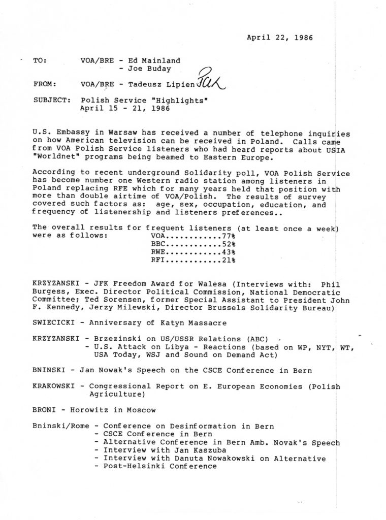 Strona otwierająca raport Tadeusza Lipienia z kwietnia 1986 r., zawierająca informacje o znacznym wzroście słuchalności Głosu Ameryki w Polsce oraz o audycjach poświęconych sprawom międzynarodowym i rocznicy Zbrodni Katyńskiej.