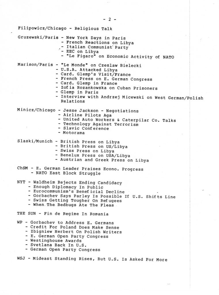 Lista tematów przygotowanych przez redakcję i korespondentów Sekcji Polskiej Głosu Ameryki w Europie i USA w kwietniu 1986 r.
