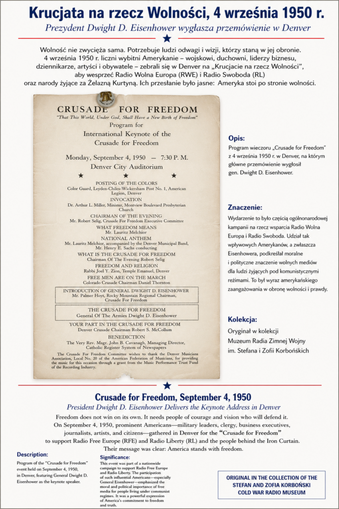 Druk programu wydarzenia „Crusade for Freedom” z 4 września 1950 r. w Denver, na którym gen. Dwight D. Eisenhower wystąpił jako główny mówca.